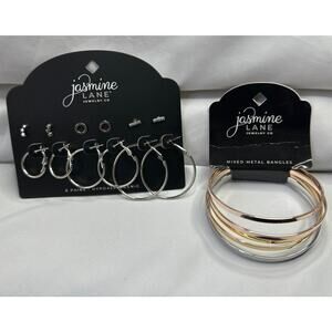 Silver Hoop and Stud Earring Set with Mixed Metal Bangles New by Jasmine Lane